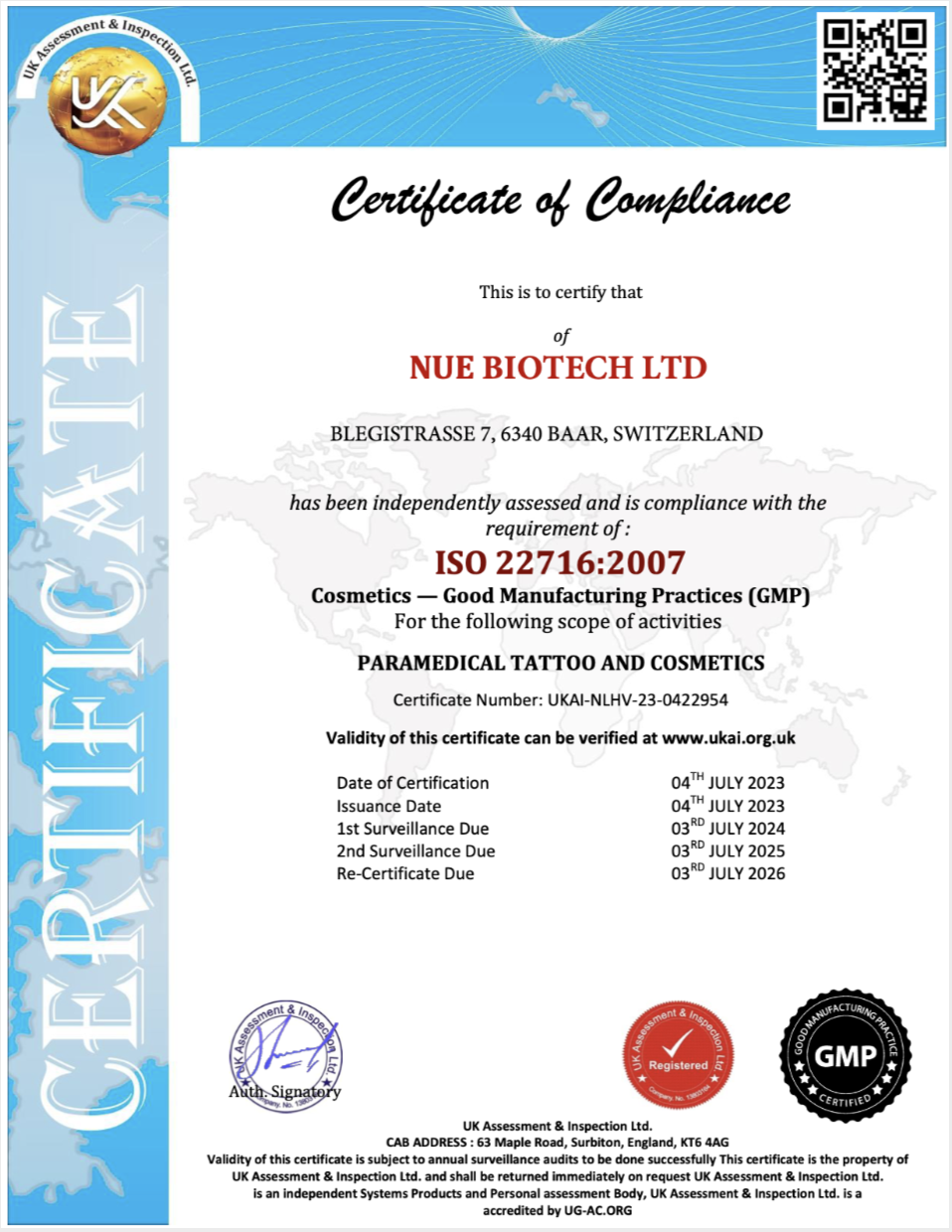 瑞士 NUE BIOTECH｜ISO 22716:2007 — 化粧品 GMP 良好生產規範證書
